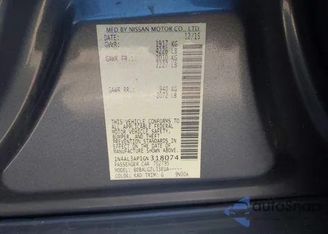 2016 Nissan Altima 2.5/2.5 S/2.5 Sl/2.5 Sr/2.5 Sv z USA, uszkodzony, nr VIN 1N4AL3AP1GN318074